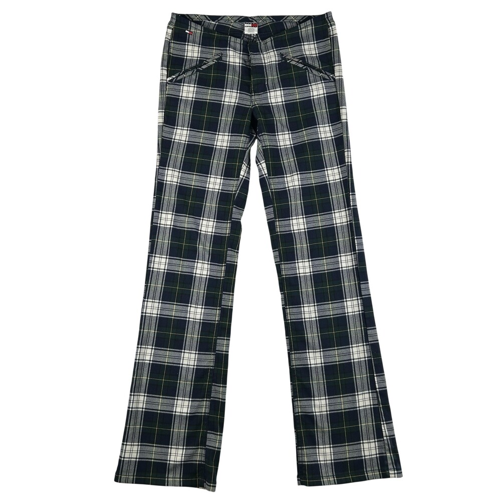 Vtg Tommy Jeans Pants Womens 7 Plaid Flannel Kick Flare Low Rise Logo Y2K Retro